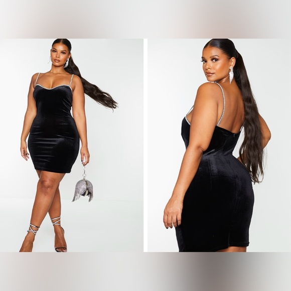 Pretty Little Thing Plus Black Velvet Diamante Strappy Bodycon Dress Size 1x - Picture 1 of 8
